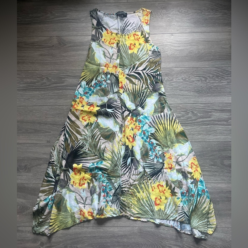 Context Green Yellow Tropical Linen Blend Handkerchief Hem Island Dress Size L